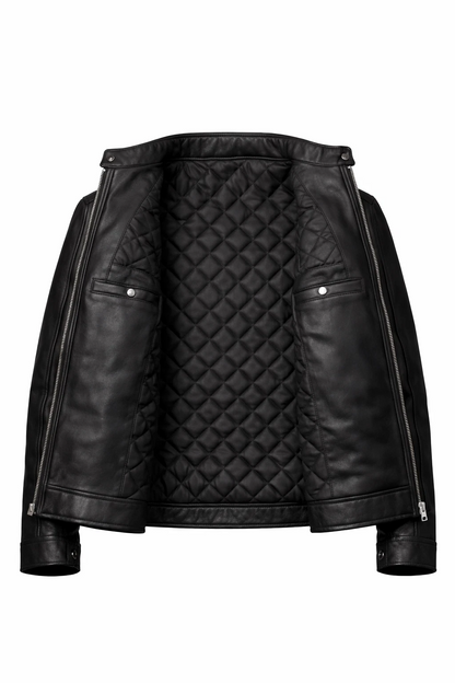 Black Genuine Leather Café Racer Biker Jacket – Quilted Lined