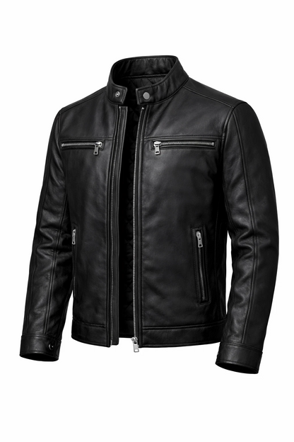 Black Genuine Leather Café Racer Biker Jacket – Quilted Lined