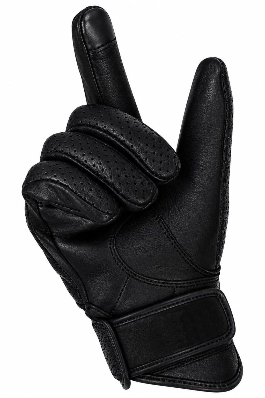 Men’s Black Leather Motorcycle Gloves – Perforated Riding Gloves with Knuckle Design & Adjustable Wrist Strap