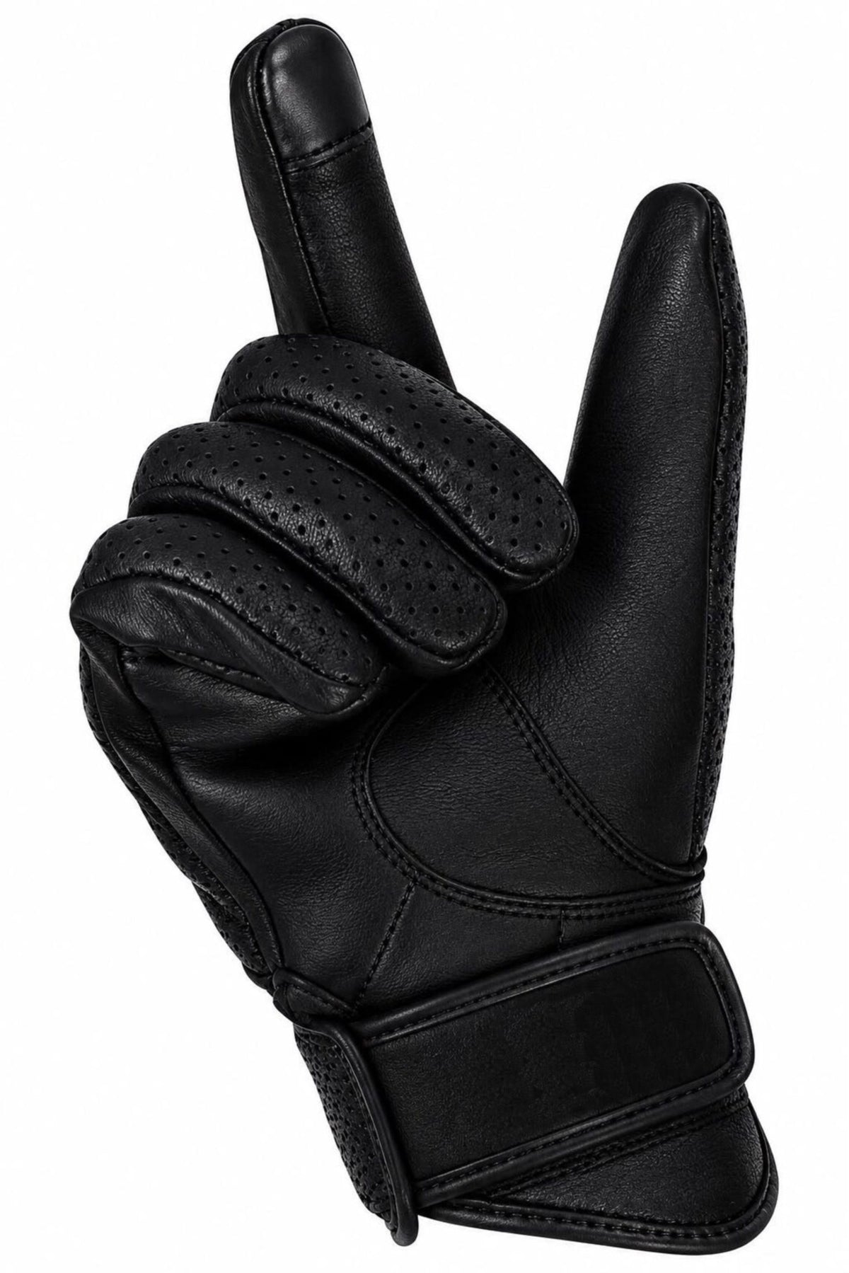 Men’s Black Leather Motorcycle Gloves – Perforated Riding Gloves with Knuckle Design & Adjustable Wrist Strap