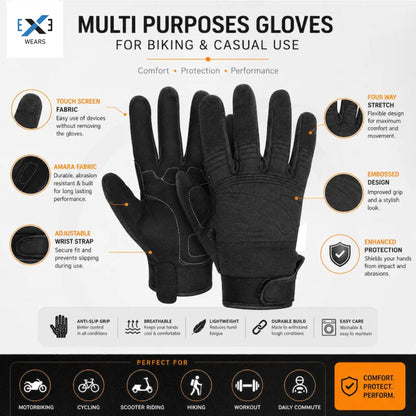 Men’s Motorcycle Gloves, Touchscreen Riding Gloves, Black Synthetic Leather Protective Gloves for Motorbike, Cycling, Scooter & Biking
