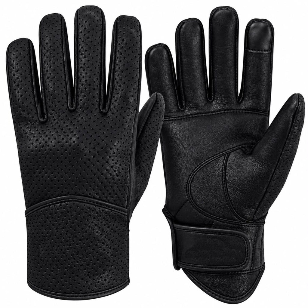 Men’s Black Leather Motorcycle Gloves – Perforated Riding Gloves with Knuckle Design & Adjustable Wrist Strap