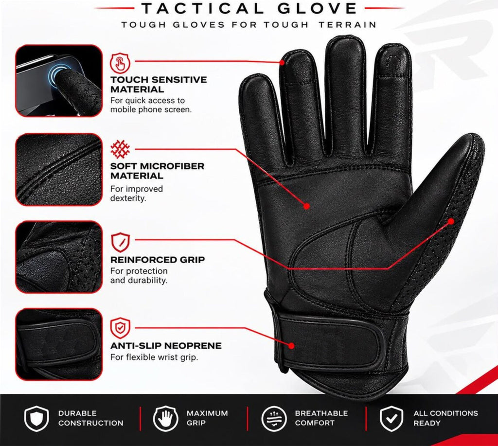 Men’s Black Leather Motorcycle Gloves – Perforated Riding Gloves with Knuckle Design & Adjustable Wrist Strap