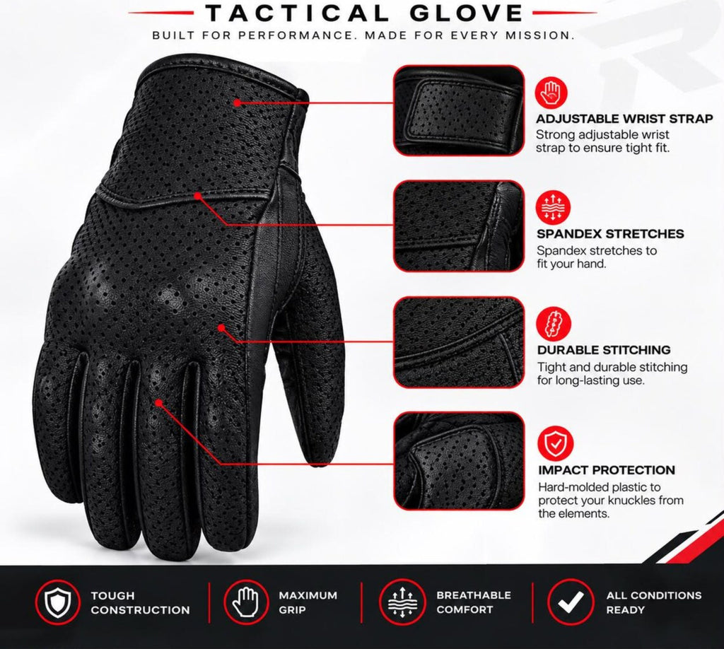 Men’s Black Leather Motorcycle Gloves – Perforated Riding Gloves with Knuckle Design & Adjustable Wrist Strap