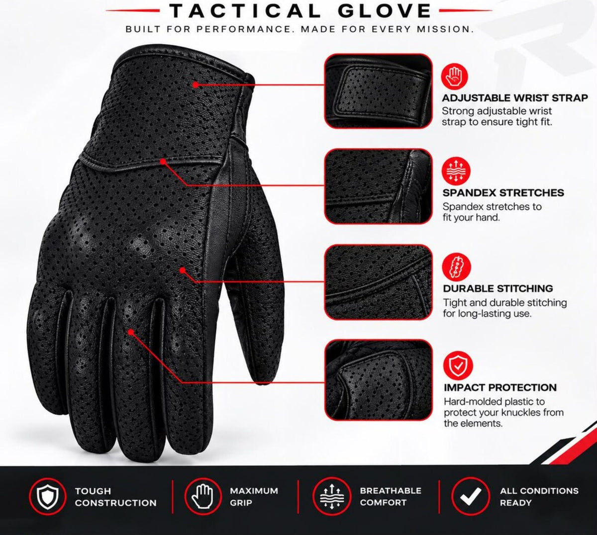 Men’s Black Leather Motorcycle Gloves – Perforated Riding Gloves with Knuckle Design & Adjustable Wrist Strap
