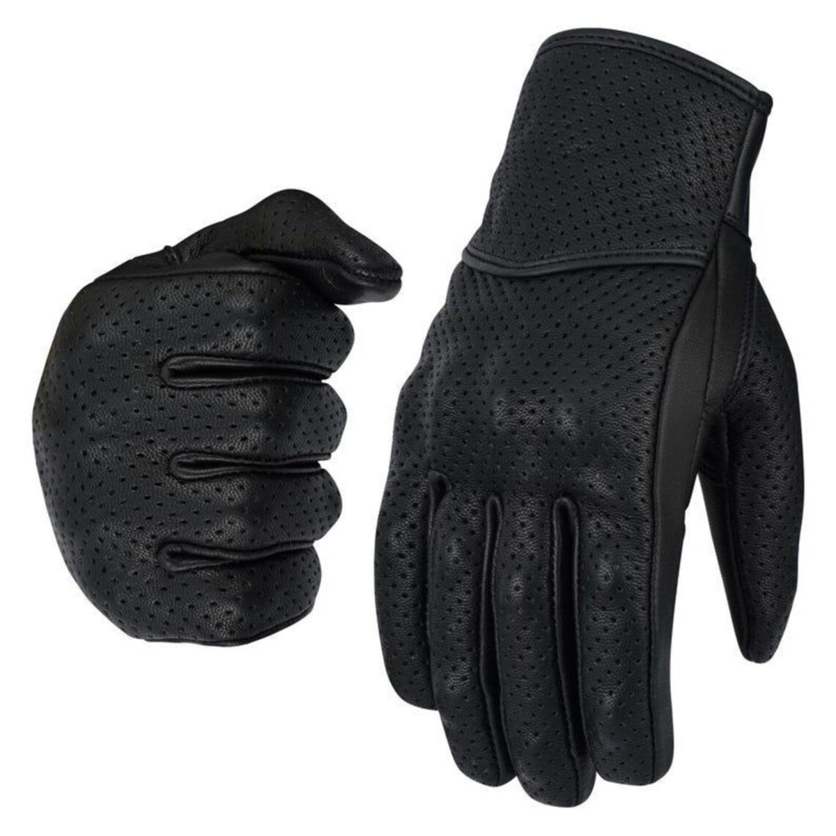 Men’s Black Leather Motorcycle Gloves – Perforated Riding Gloves with Knuckle Design & Adjustable Wrist Strap