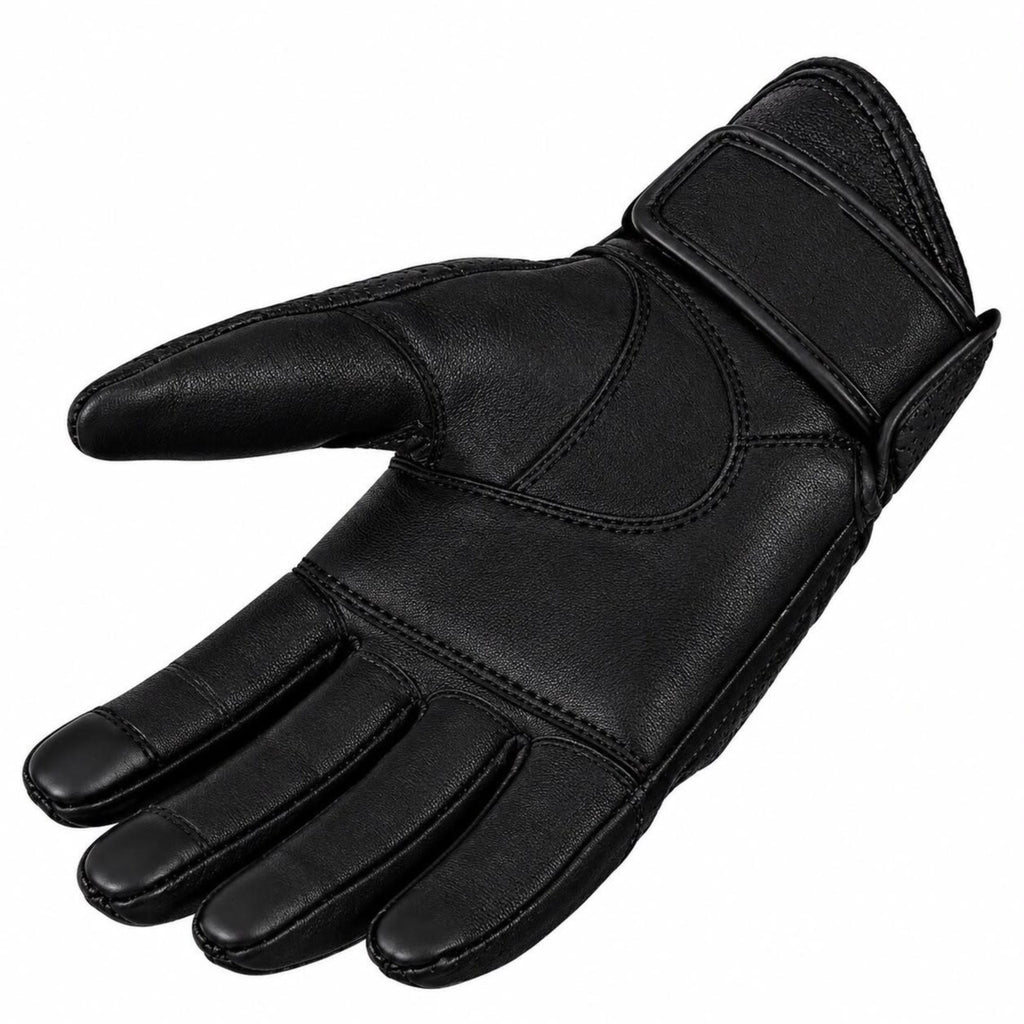 Men’s Black Leather Motorcycle Gloves – Perforated Riding Gloves with Knuckle Design & Adjustable Wrist Strap