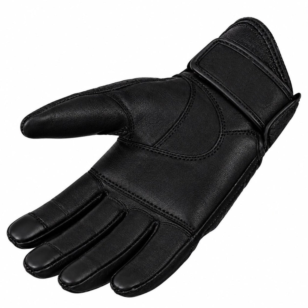 Men’s Black Leather Motorcycle Gloves – Perforated Riding Gloves with Knuckle Design & Adjustable Wrist Strap
