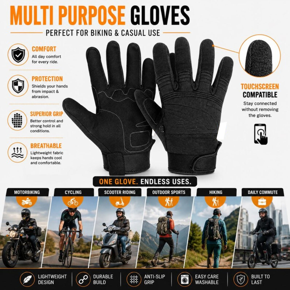 Men’s Motorcycle Gloves, Touchscreen Riding Gloves, Black Synthetic Leather Protective Gloves for Motorbike, Cycling, Scooter & Biking